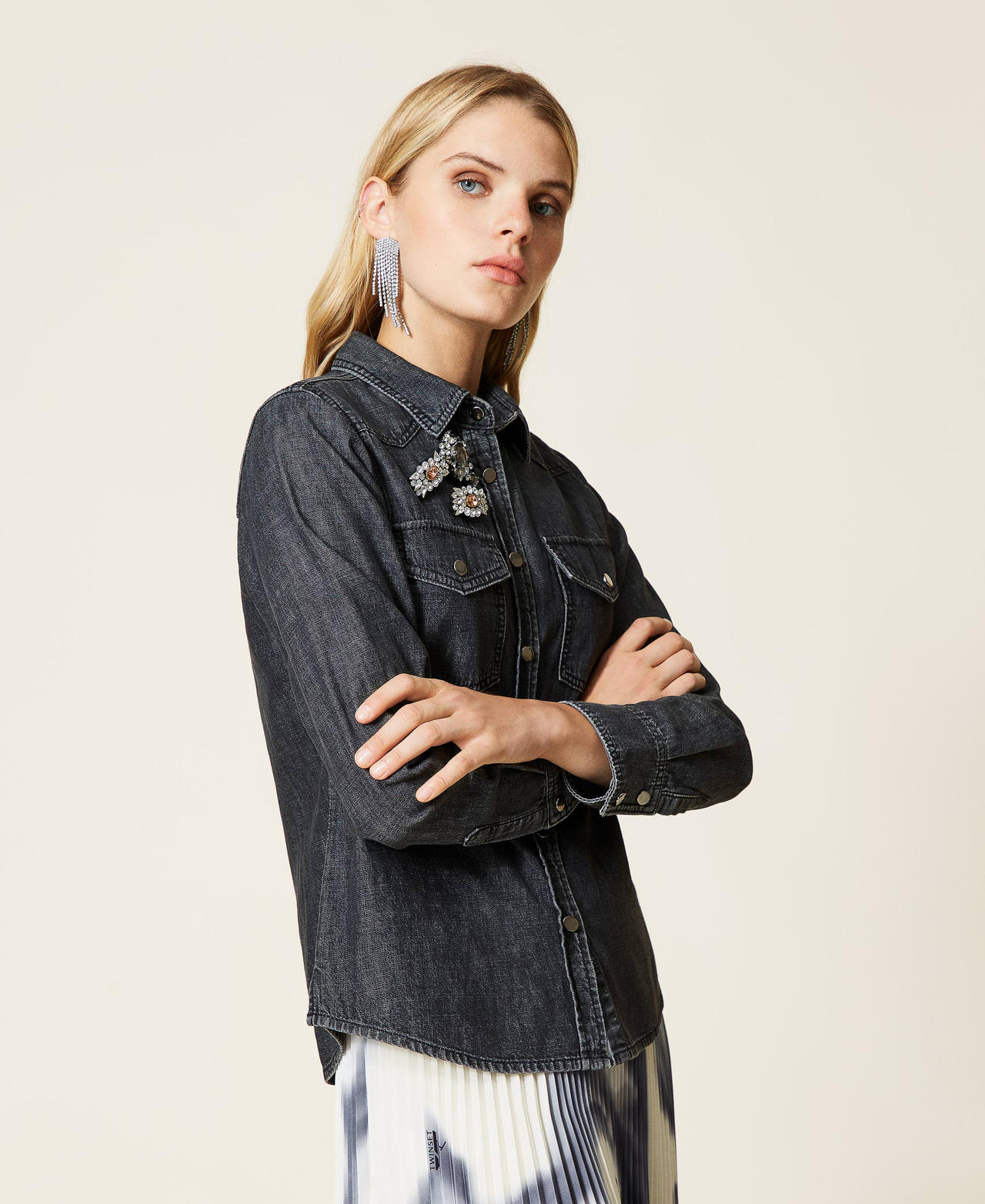 Camicia 'Diamond' in jeans Denim Nero Donna 212AT2183-02
