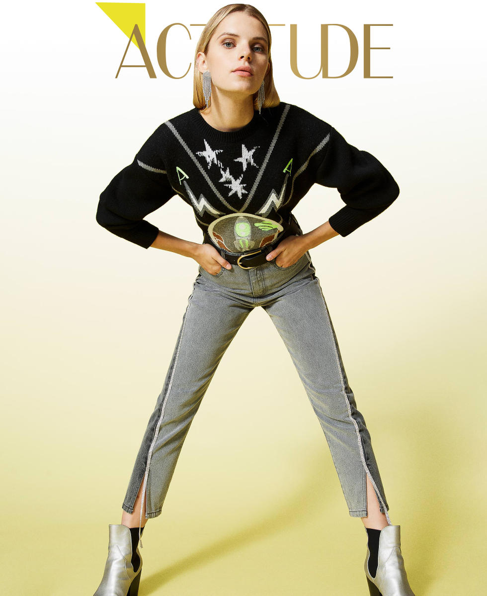 &lsquo;Diamond&rsquo; jeans with rhinestones Grey Denim Woman 212AT2190-01