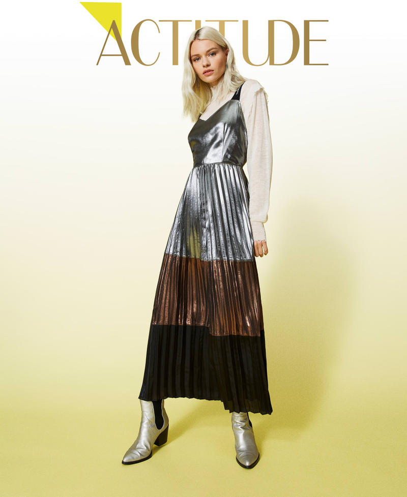 Laminated georgette long dress &ldquo;Mou&rdquo; Beige / &ldquo;Metal Gun&rdquo; Grey / Black Woman 212AT2231-01