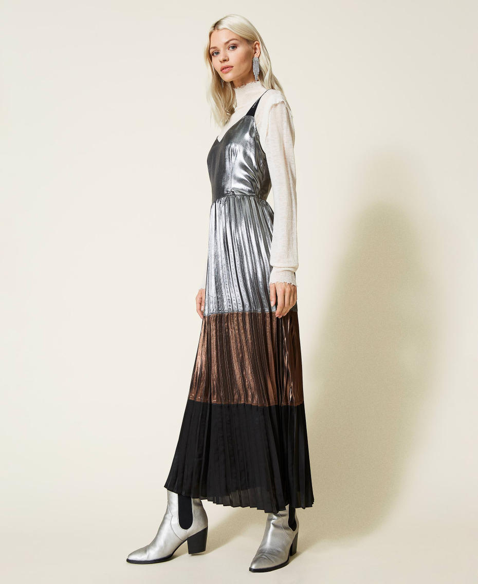 Laminated georgette long dress “Mou” Beige / “Metal Gun” Grey / Black Woman 212AT2231-04
