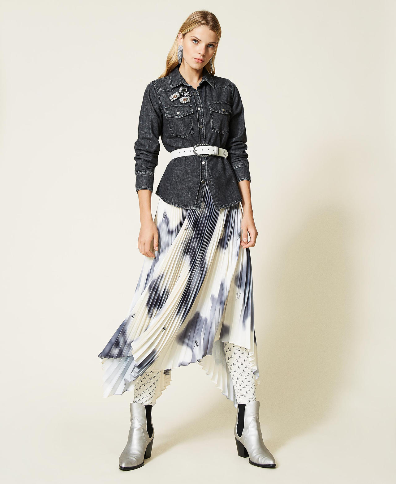 ‘Sphene’ printed twill long skirt “Mother of Pearl” White Nuanced Print Woman 212AT2274-02