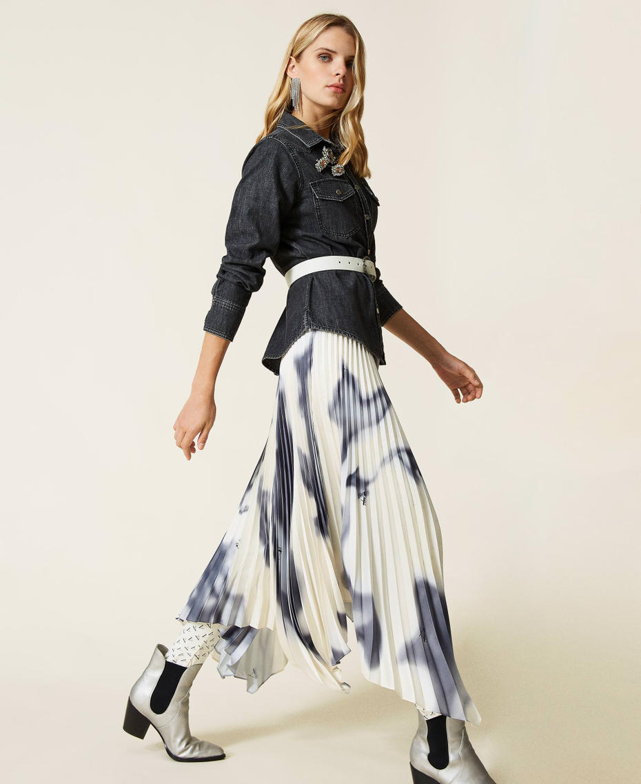 ‘Sphene’ printed twill long skirt “Mother of Pearl” White Nuanced Print Woman 212AT2274-03