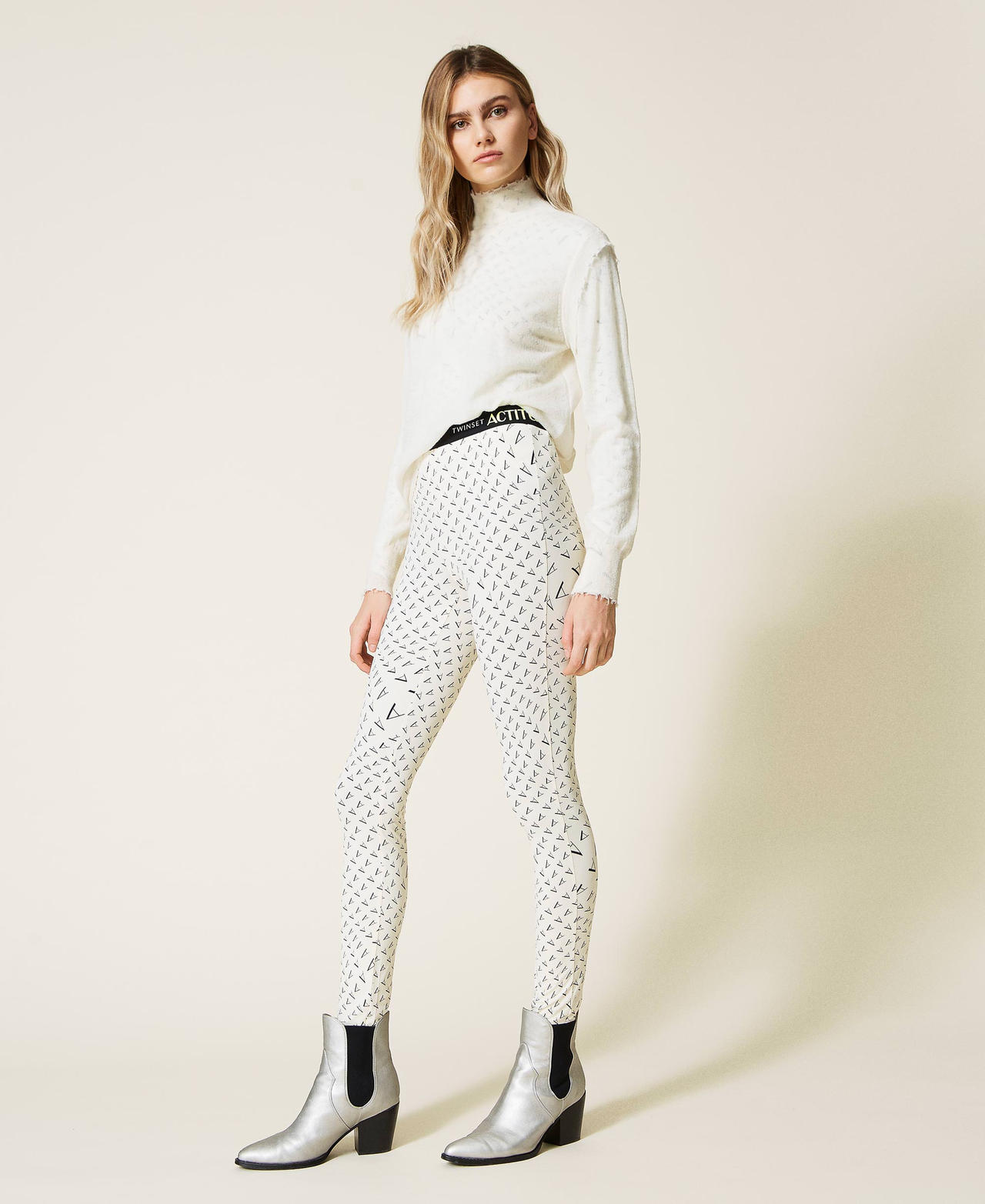 ‘Sapphire’ leggings with logo Black Print Mother of Pearl Woman 212AT2311-02