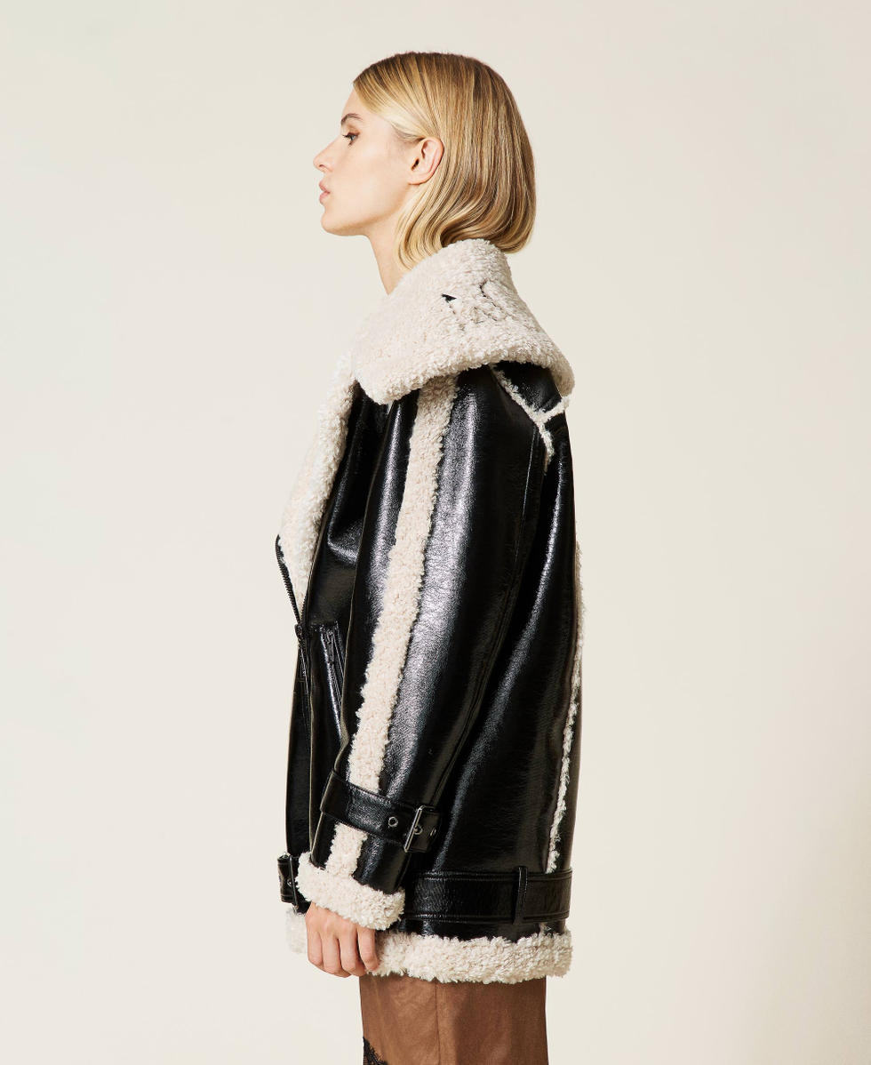 &lsquo;Trona&rsquo; biker jacket with logo Bicolour Black / Mother-of-pearl White Woman 212AT2330-03