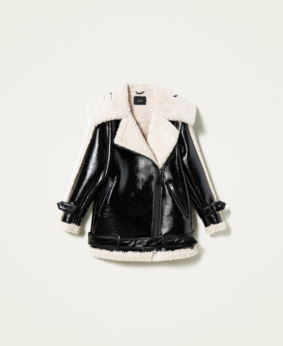 &lsquo;Trona&rsquo; biker jacket with logo Bicolour Black / Mother-of-pearl White Woman 212AT2330-0S