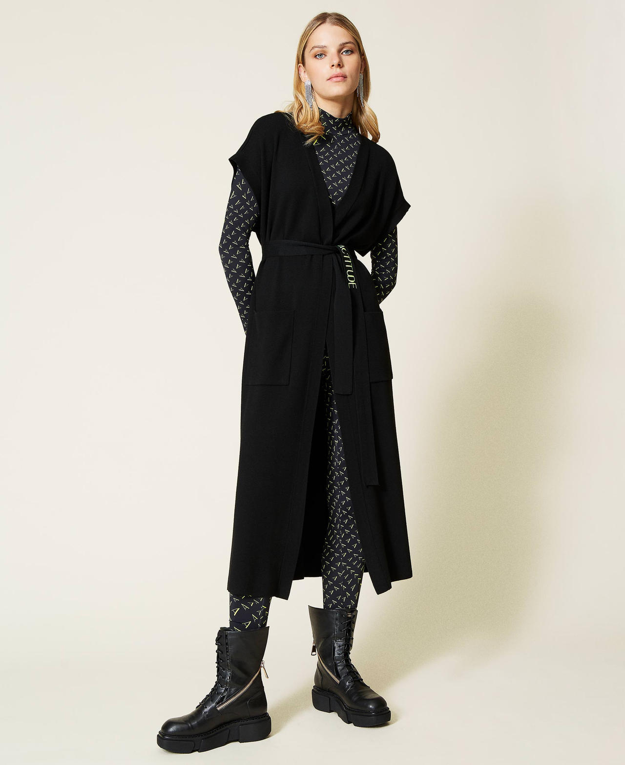 Long gilet with logo belt Black Woman 212AT3102-02