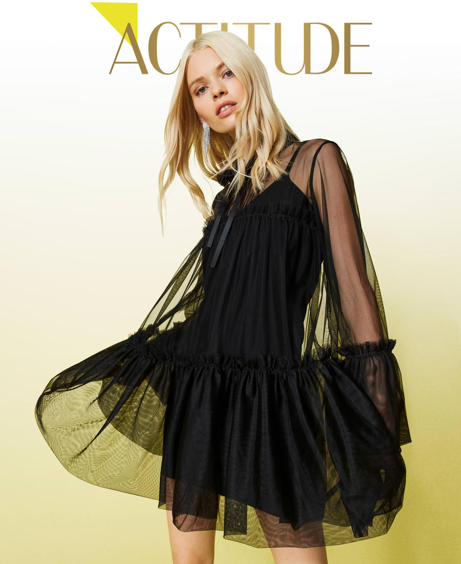 Tulle dress and knit slip Black Woman 212AT3170-01