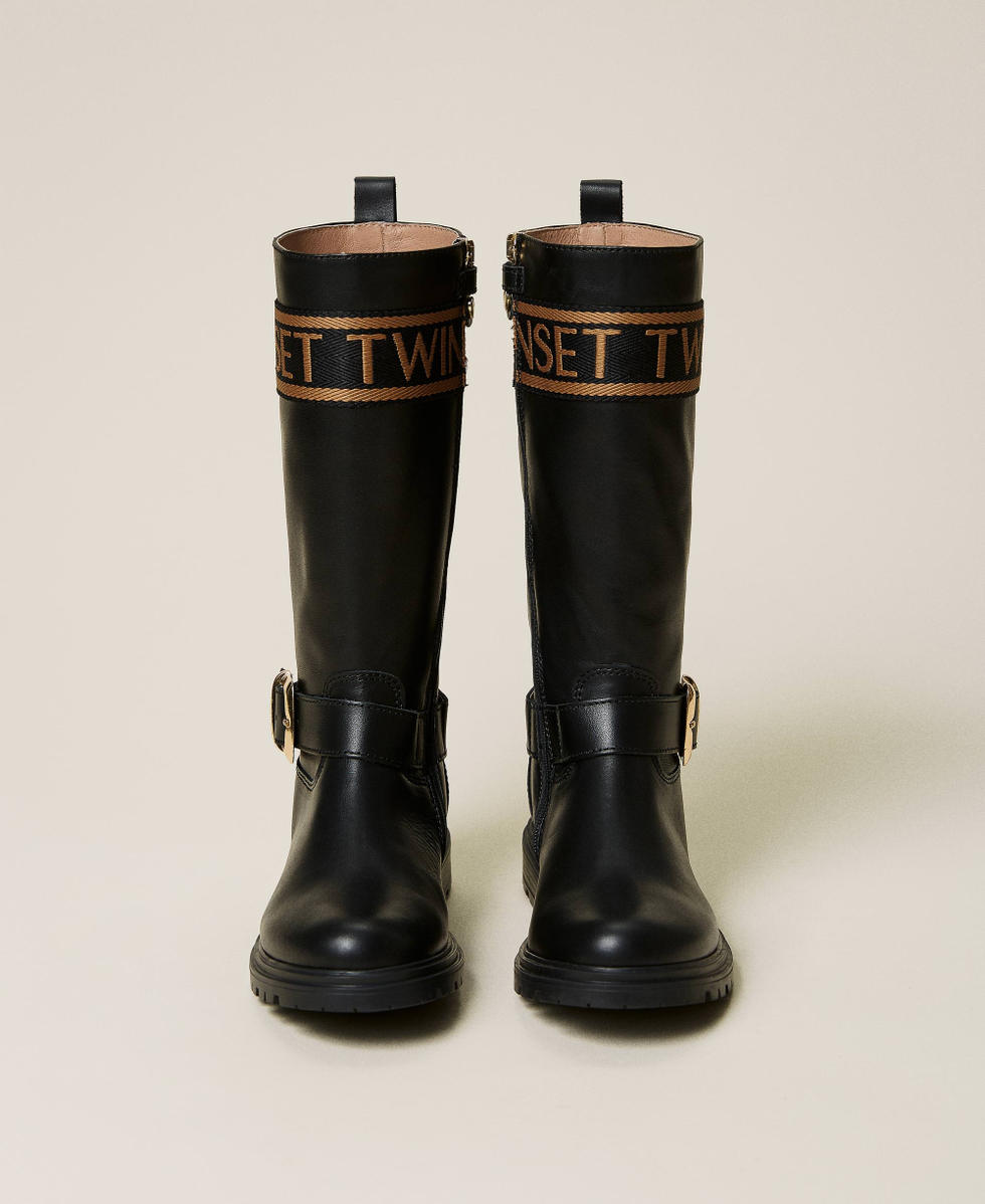 Leather boots with logo Girl Black TWINSET Milano