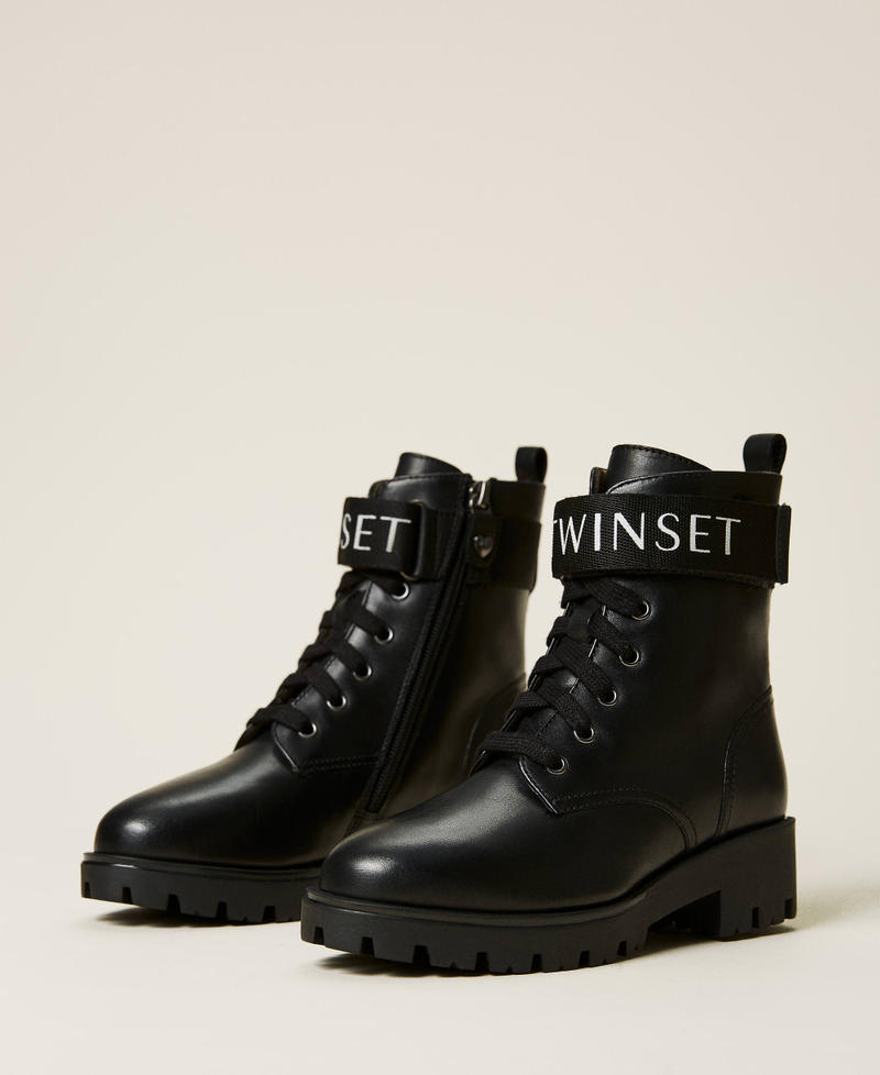 Leather combat boots with logo Black Girl 212GCJ022-01