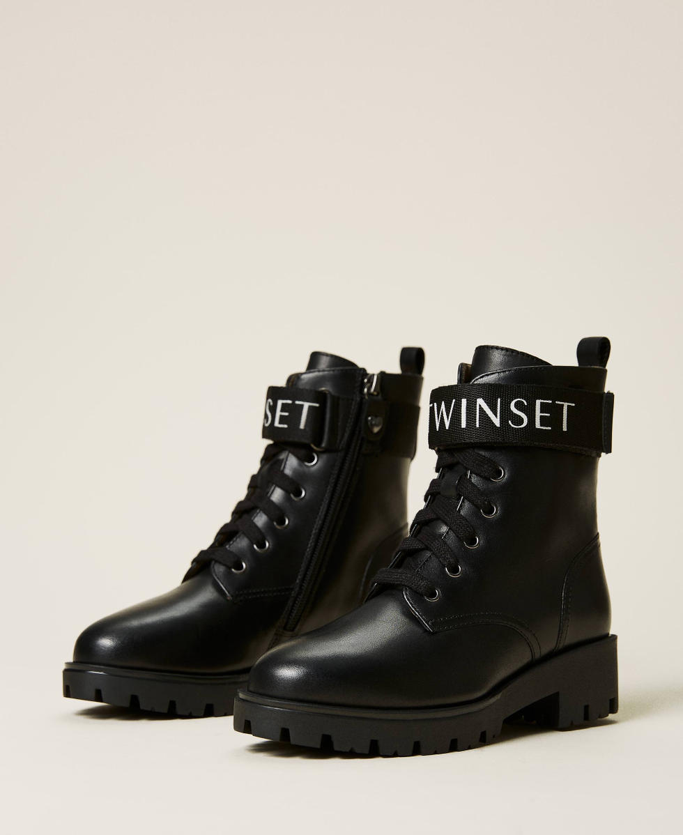 Anfibi in pelle con logo Bambina Nero TWINSET Milano