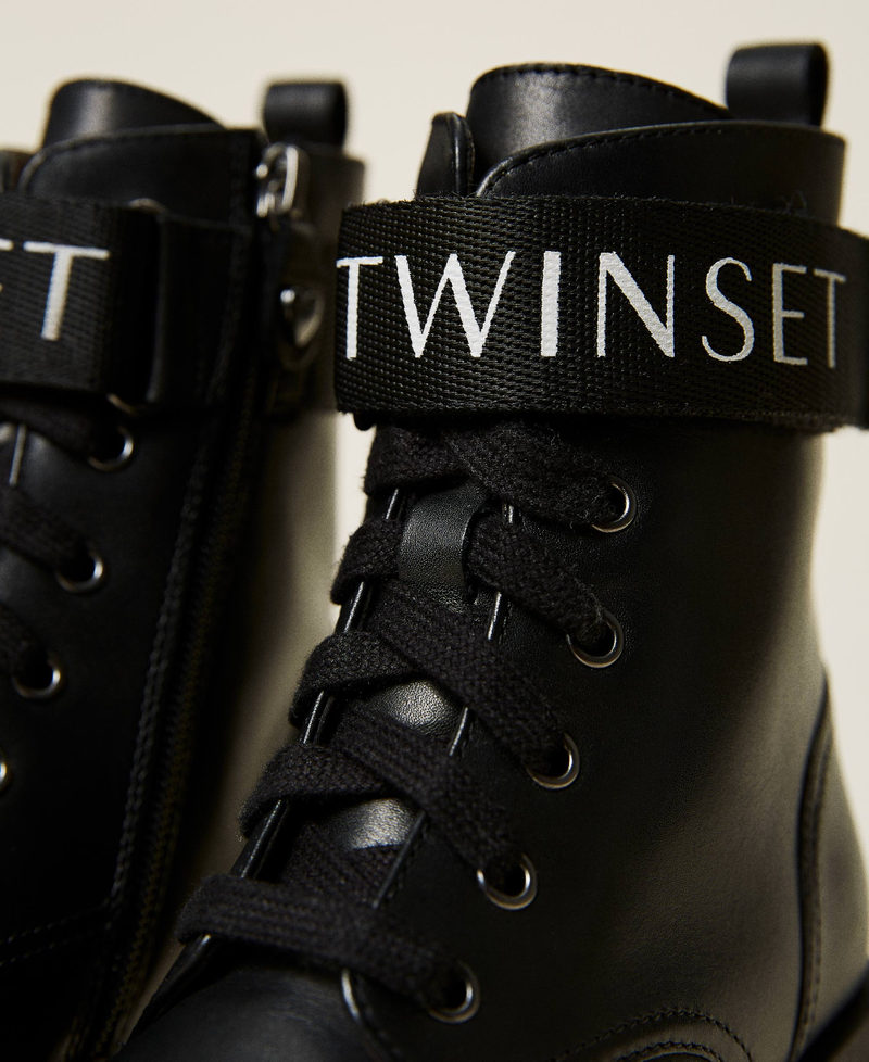 Leather combat boots with logo Black Girl 212GCJ022-04