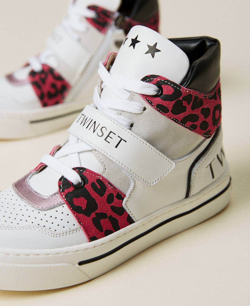 Leather trainers with animal print Two-tone White / Carmine Rose Leopard Spot Print Girl 212GCJ042-01