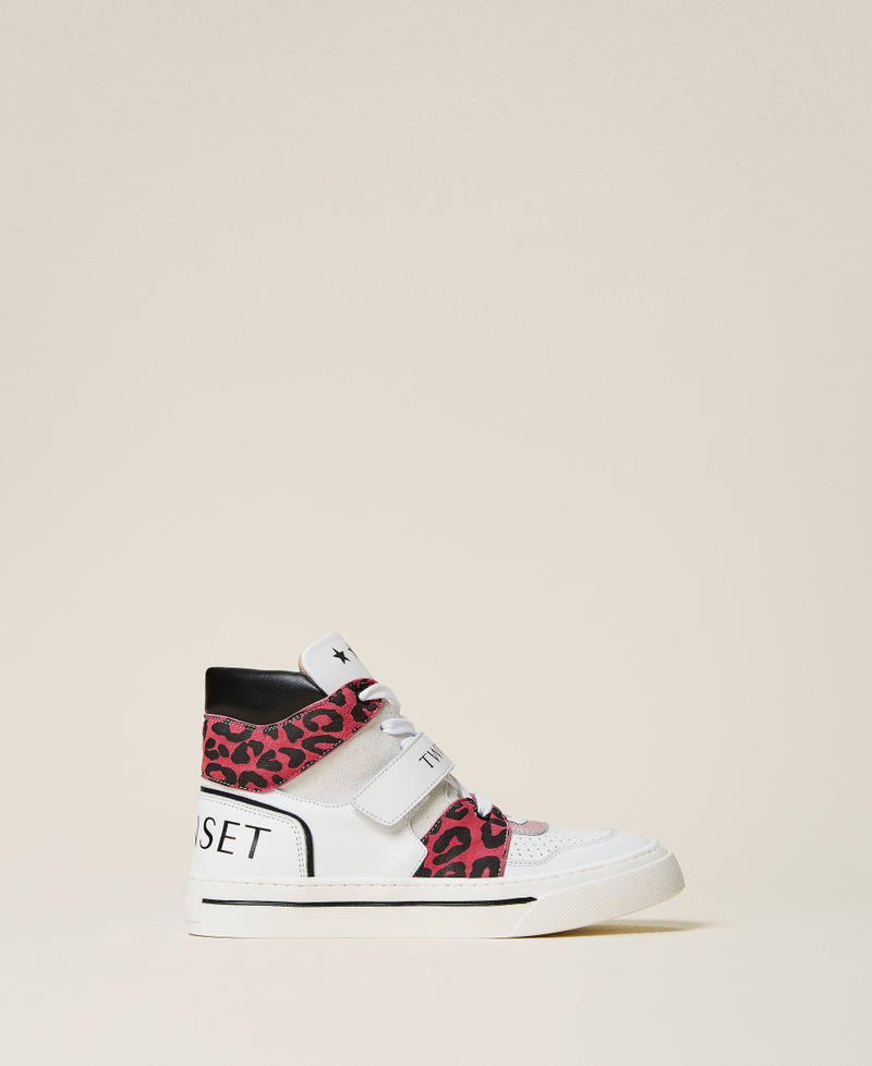 Leather trainers with animal print Two-tone White / Carmine Rose Leopard Spot Print Girl 212GCJ042-02