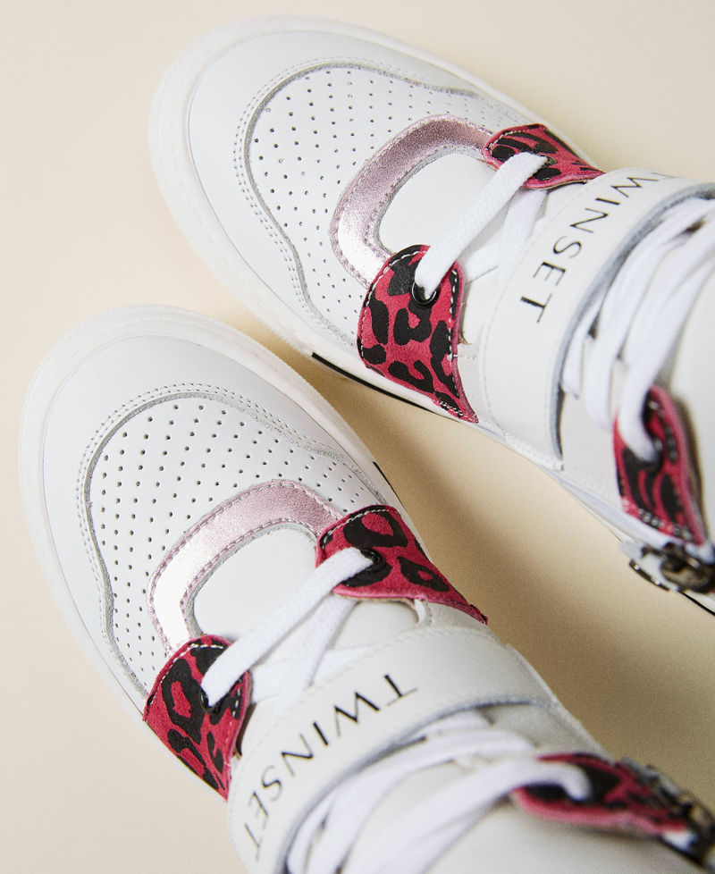 Leather trainers with animal print Two-tone White / Carmine Rose Leopard Spot Print Girl 212GCJ042-03