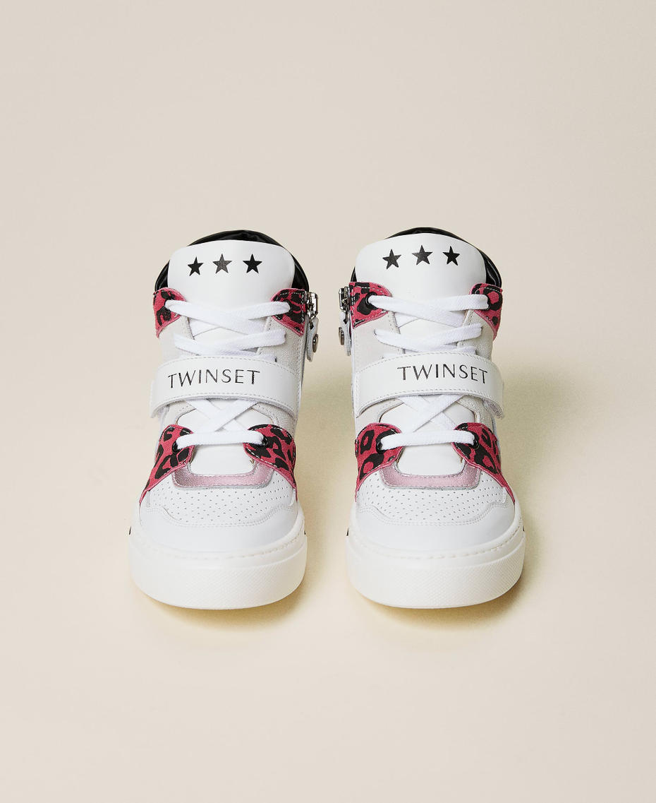 Leather trainers with animal print Two-tone White / Carmine Rose Leopard Spot Print Girl 212GCJ042-05
