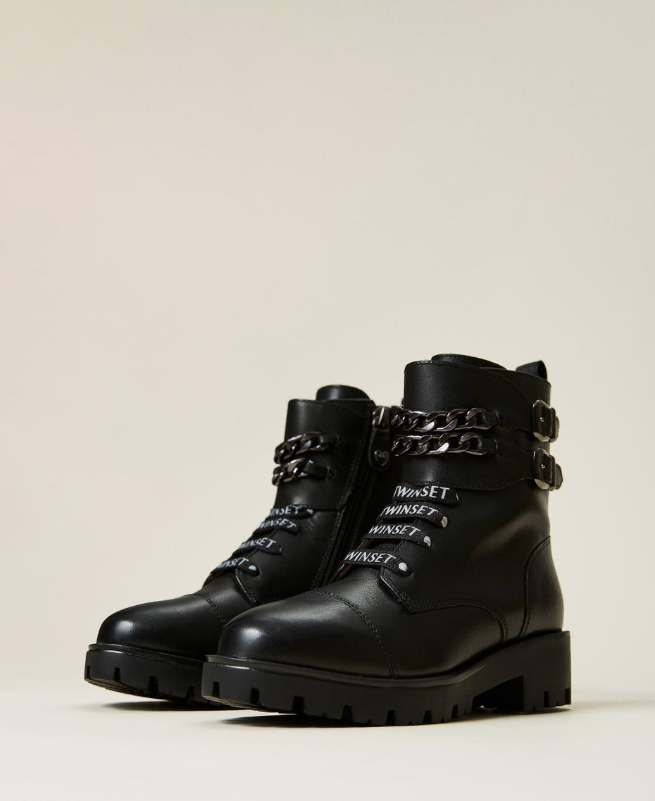 Leather combat boots with chains Black Girl 212GCJ132-01