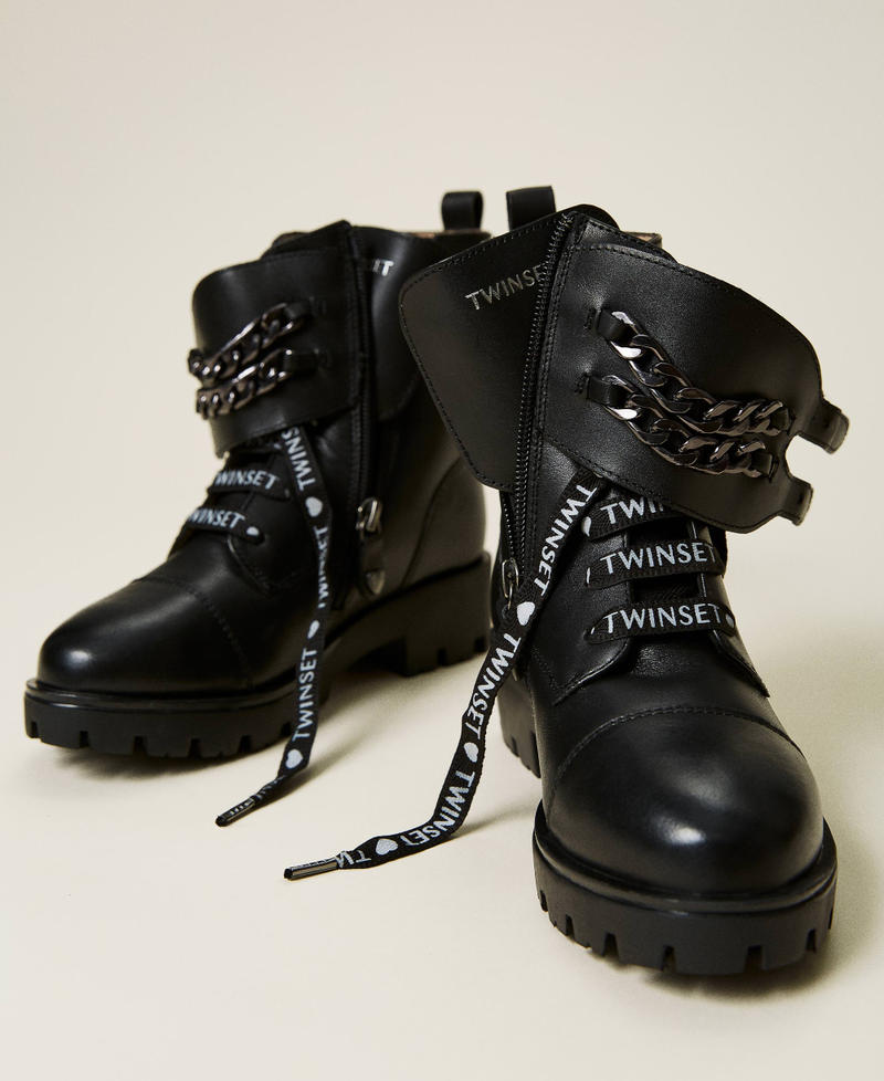 Leather combat boots with chains Black Girl 212GCJ132-03