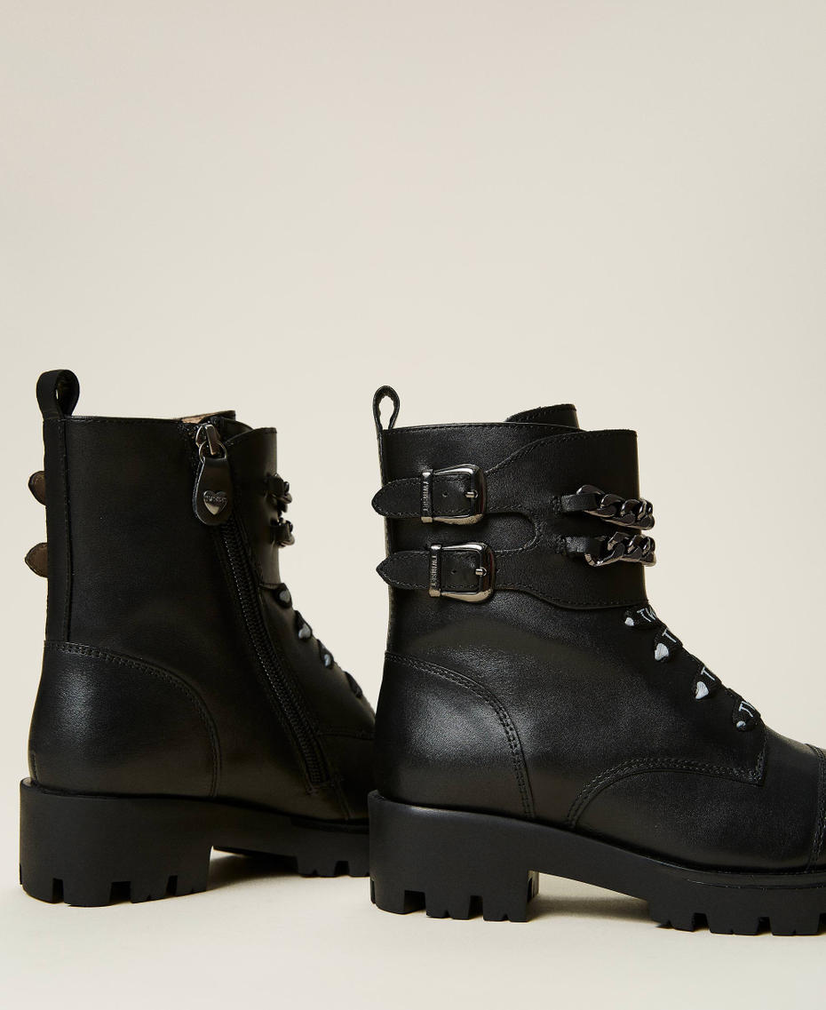 Leather combat boots with chains Black Girl 212GCJ132-04