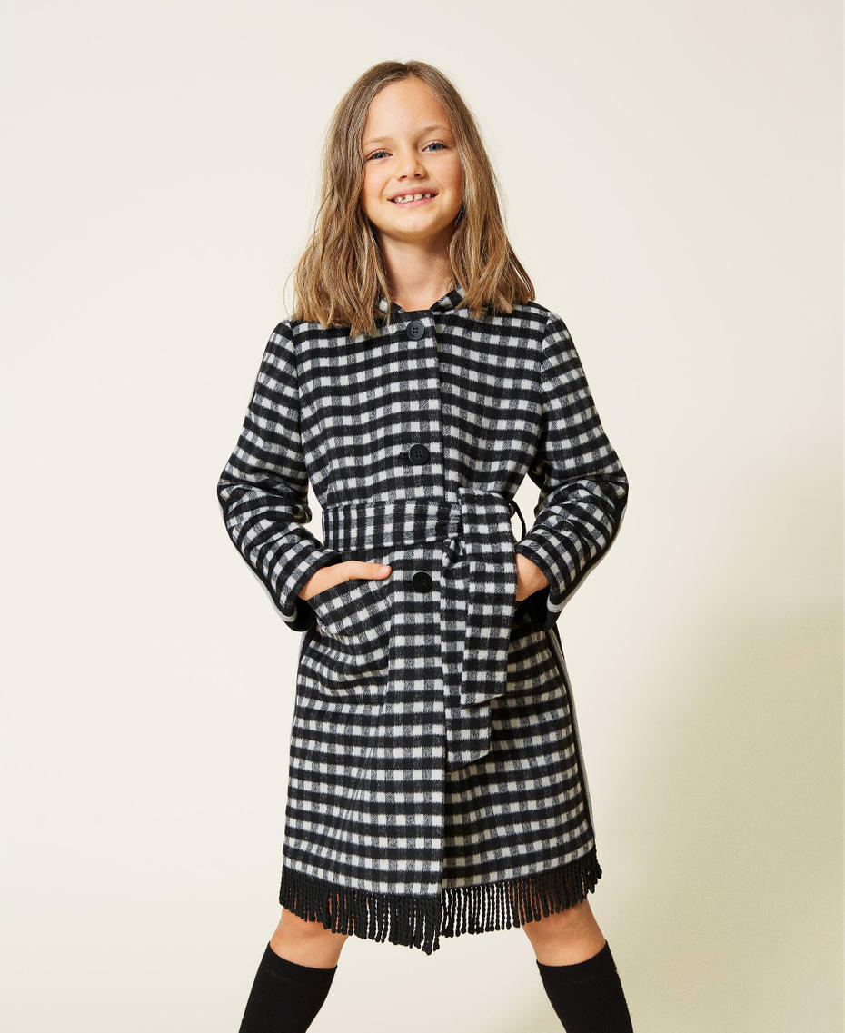 Chequered wool cloth coat with fringes Two-tone Black / Pale Cream Girl 212GJ2120-01