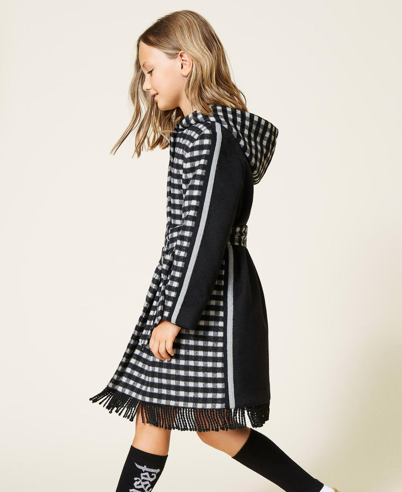Chequered wool cloth coat with fringes Two-tone Black / Pale Cream Girl 212GJ2120-02