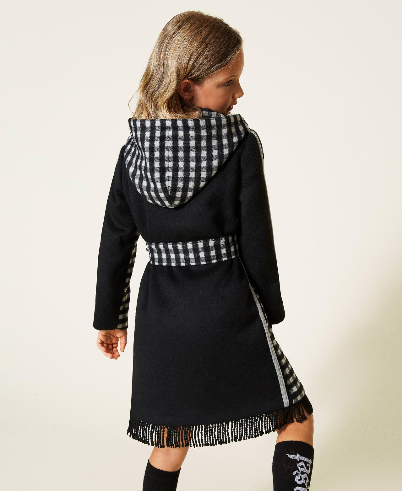 Chequered wool cloth coat with fringes Two-tone Black / Pale Cream Girl 212GJ2120-03