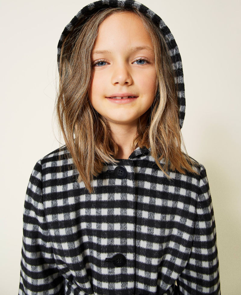 Chequered wool cloth coat with fringes Two-tone Black / Pale Cream Girl 212GJ2120-04