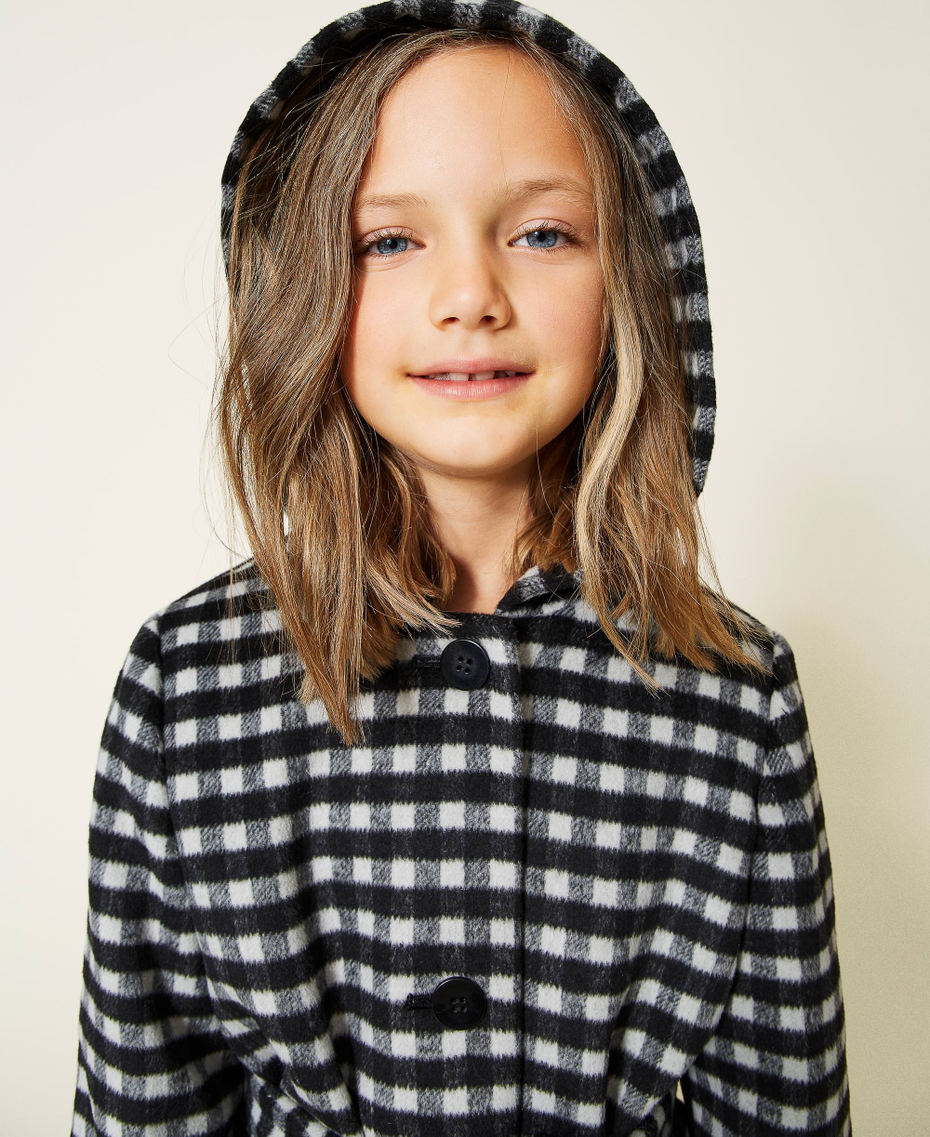 Chequered wool cloth coat with fringes Two-tone Black / Pale Cream Girl 212GJ2120-04