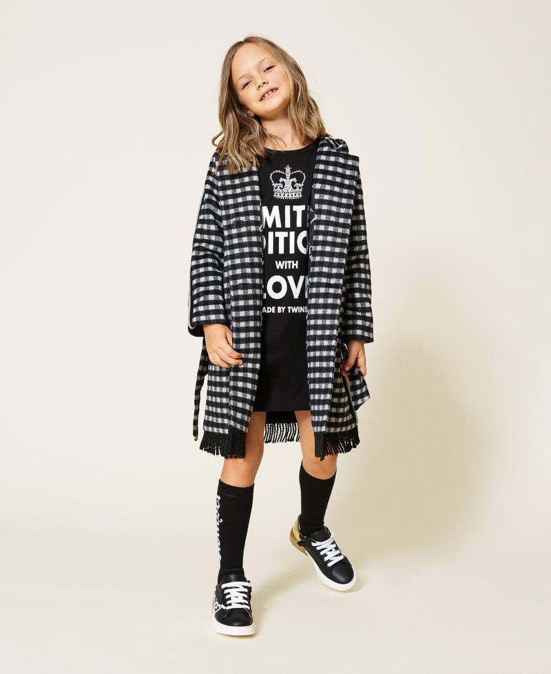 Chequered wool cloth coat with fringes Two-tone Black / Pale Cream Girl 212GJ2120-05