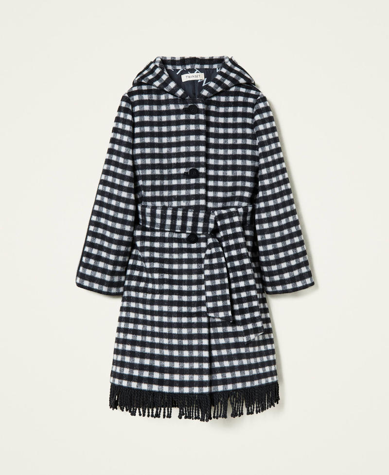 Chequered wool cloth coat with fringes Two-tone Black / Pale Cream Girl 212GJ2120-0S