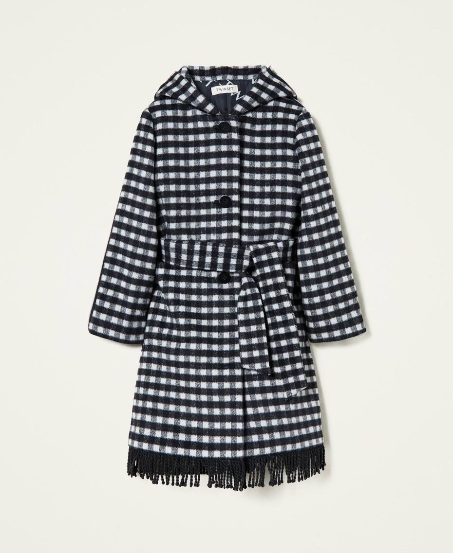 Chequered wool cloth coat with fringes Two-tone Black / Pale Cream Girl 212GJ2120-0S