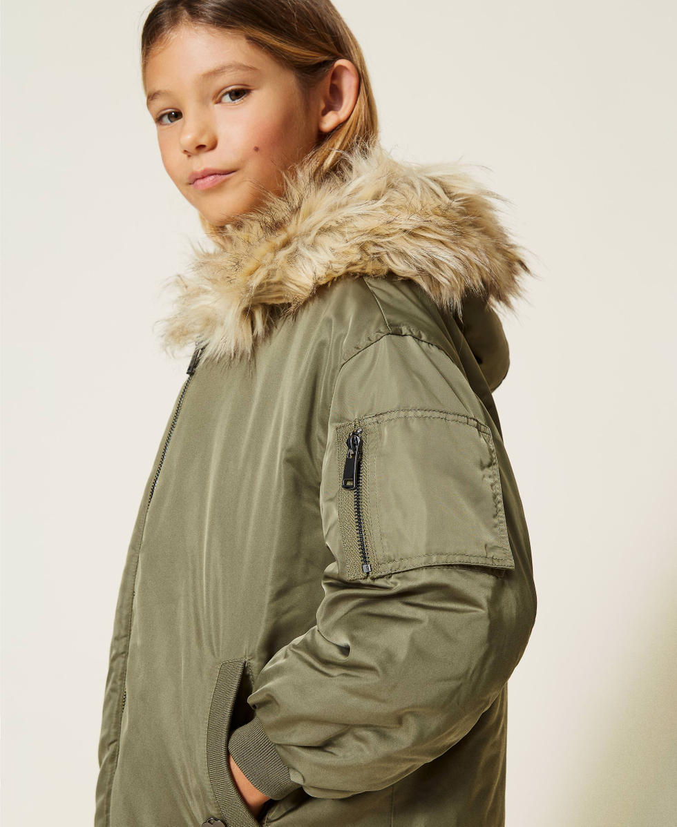 Green bomber jacket with fur hood on sale