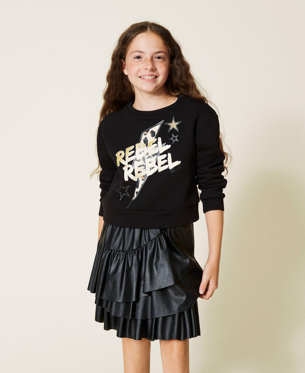 Sweat shirt avec imprime et jupe volantee Fille Noir TWINSET Milano
