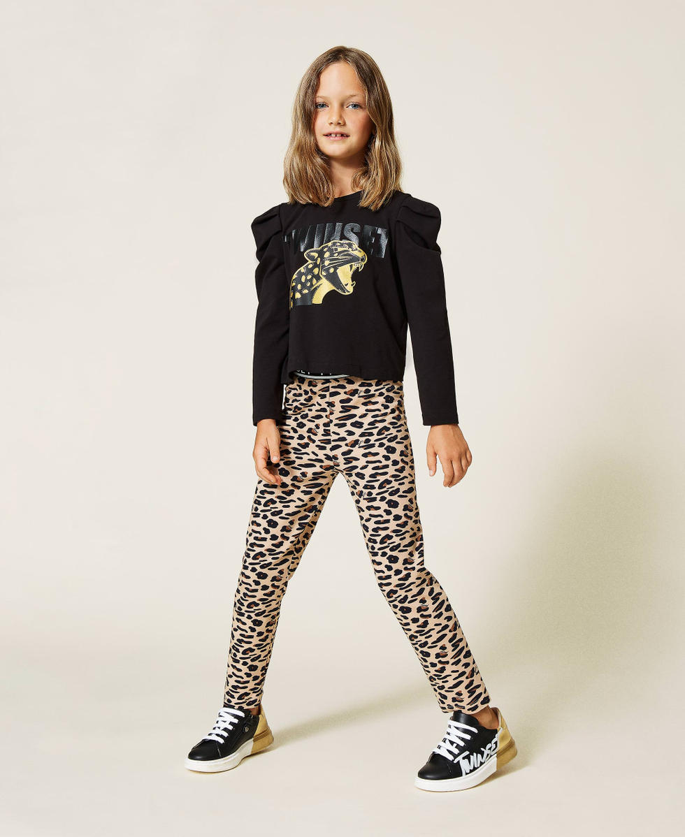 T shirt with print and animal print leggings Girl Black TWINSET