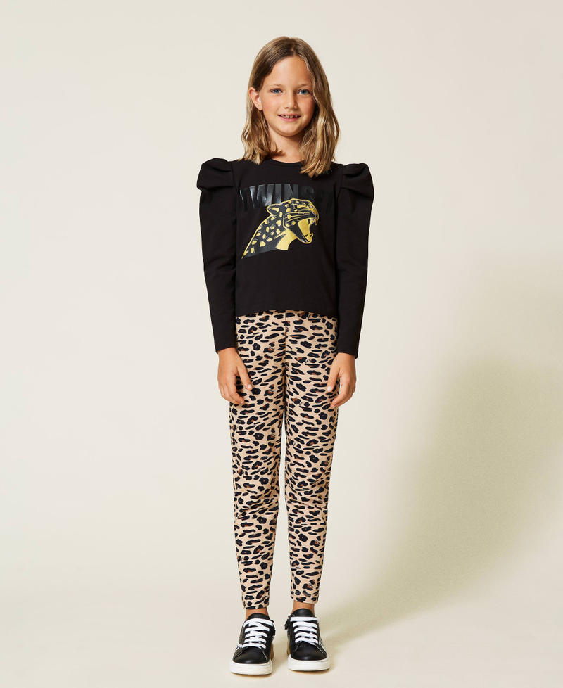 T-shirt with print and animal print leggings Two-tone Black / Leopard Spot Print Girl 212GJ2252-04