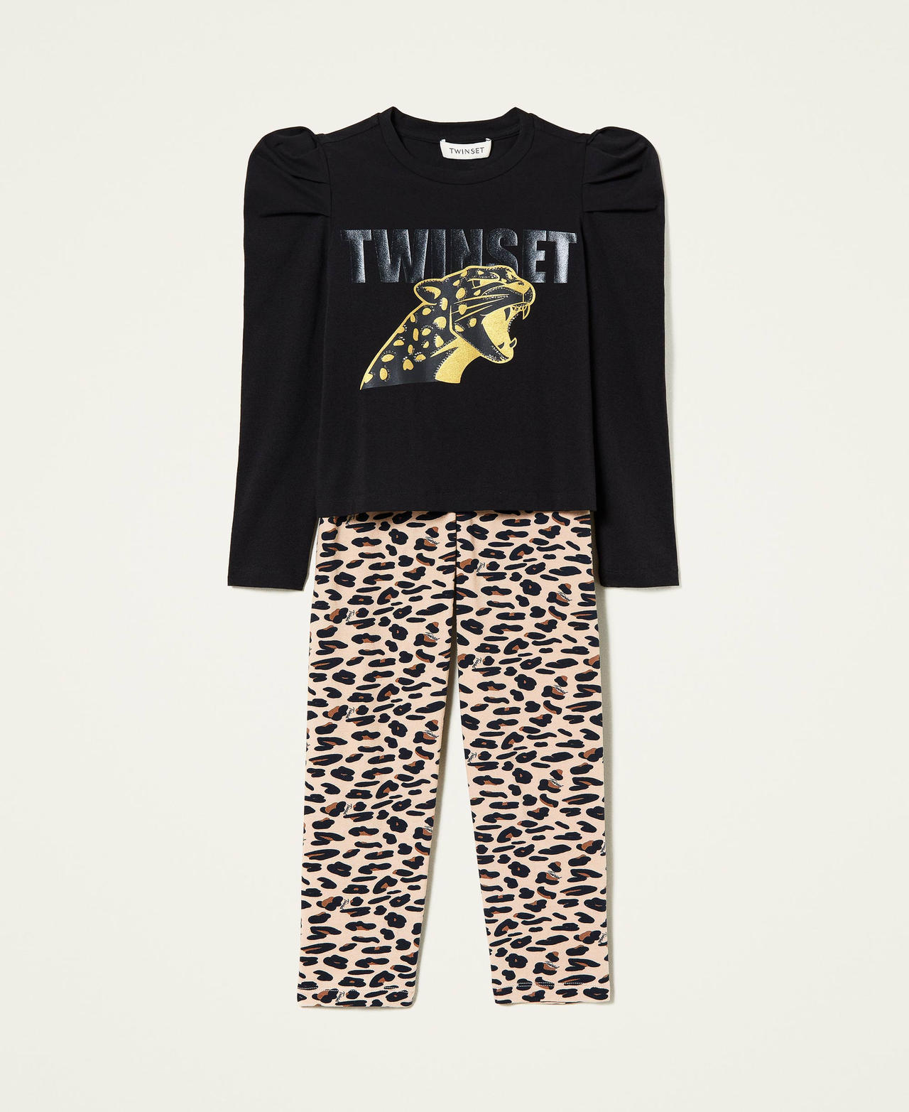 T-shirt with print and animal print leggings Two-tone Black / Leopard Spot Print Girl 212GJ2252-0S