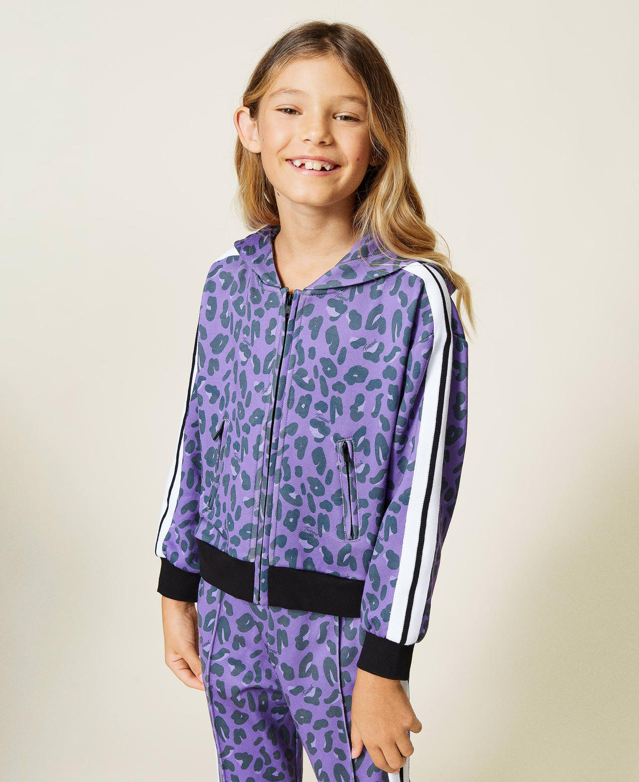 Felpa e pantaloni a stampa animalier Stampa Macula Wood Violet Bambina 212GJ227A-02