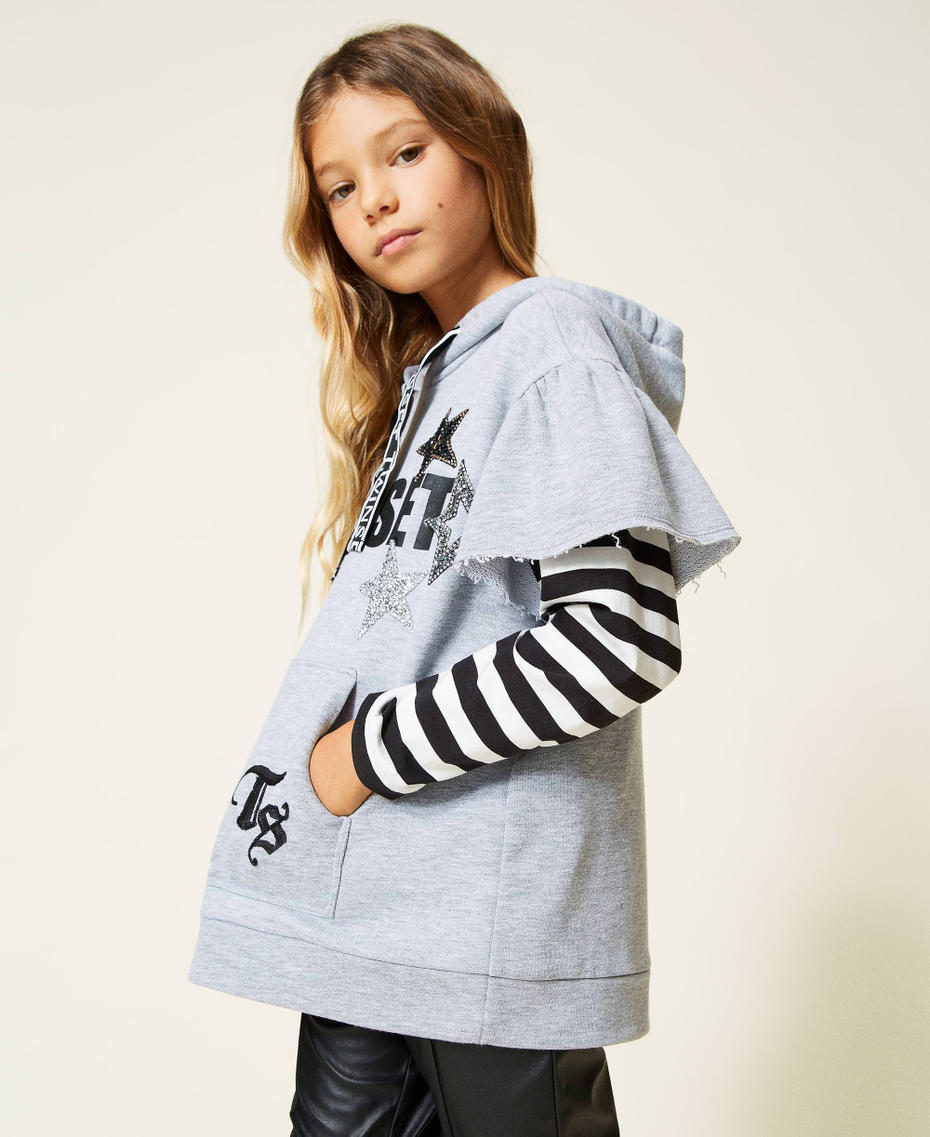 Plush fabric dress with striped sleeves Light Gray M&eacute;lange Girl 212GJ2293-03