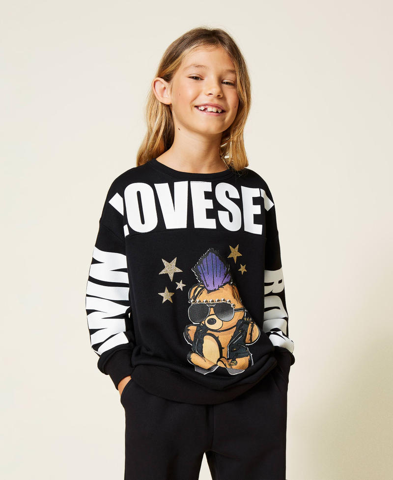 Maxi sweatshirt with print and studs Girl, Black | TWINSET Maxi sweatshirt with print and studs Girl, Black | TWINSET