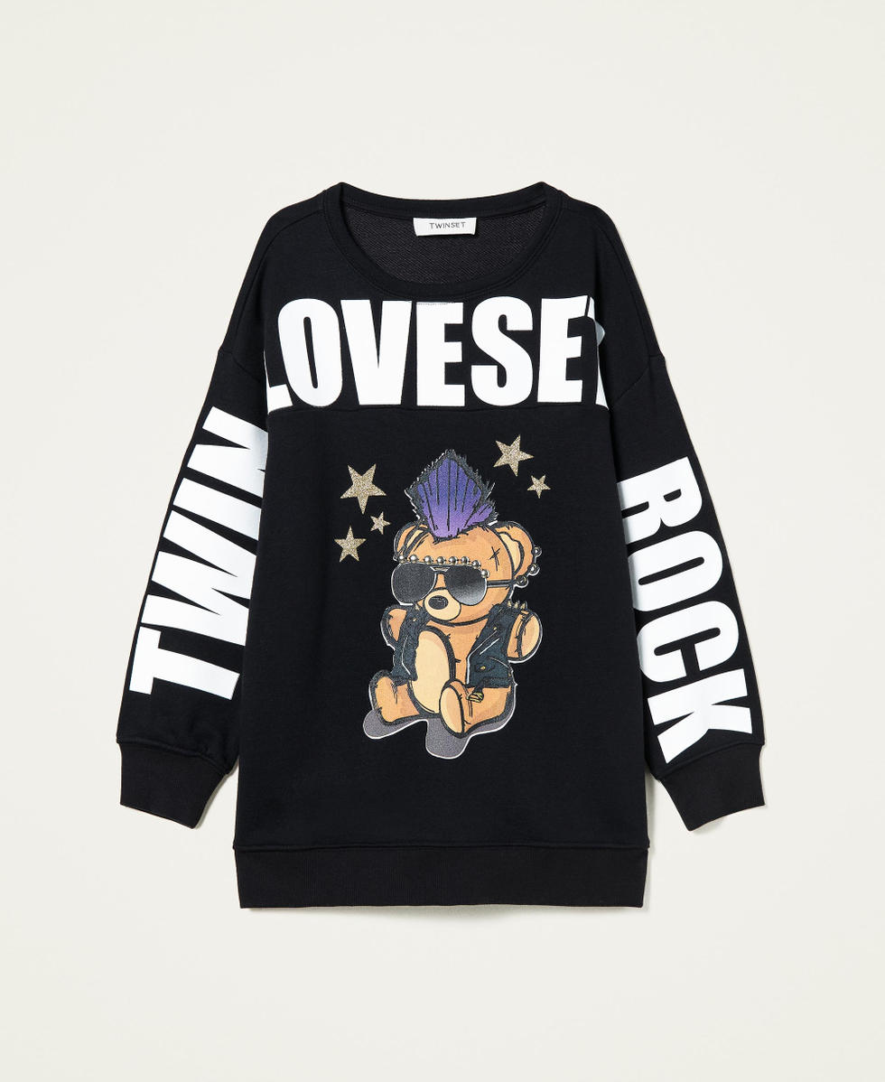 Maxi sweatshirt with print and studs Girl, Black | TWINSET Maxi sweatshirt with print and studs Girl, Black | TWINSET