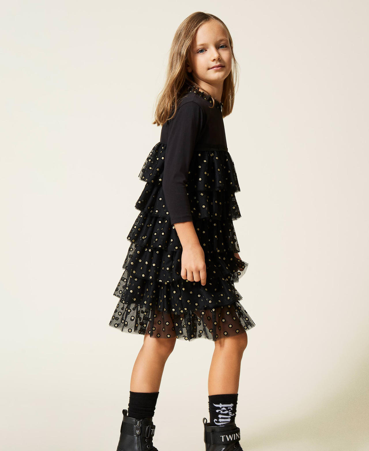 Abito con balze in tulle Nero Bambina 212GJ2400-02
