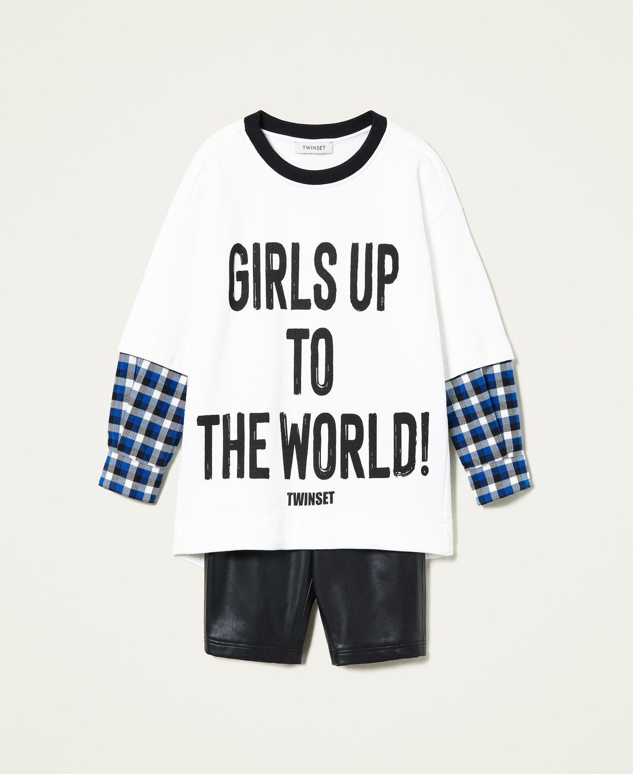 Sweatshirt mit Print und Radlerhose Zweifarbig Off White / Karomix Surf Mädchen 212GJ2455-0S