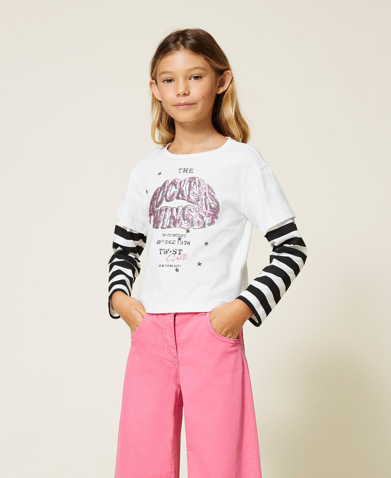 Sequin t-shirt with striped sleeves TWINSET Rockers Off White Girl 212GJ2470-02