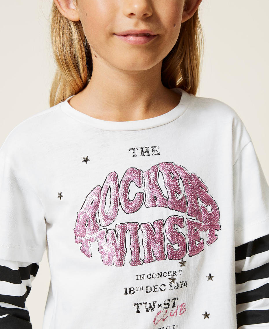 T-shirt con paillettes e maniche a righe TWINSET Rockers Off White Bambina 212GJ2470-05