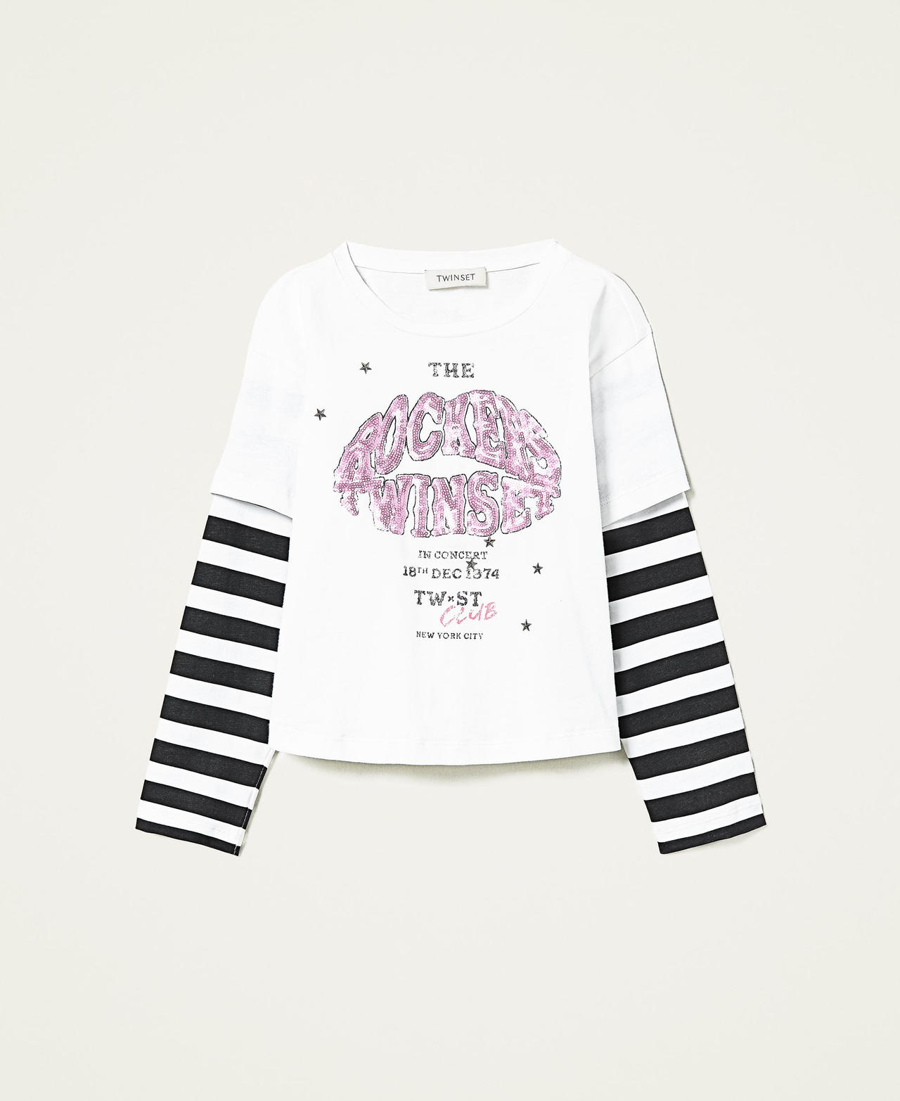 Sequin t-shirt with striped sleeves TWINSET Rockers Off White Girl 212GJ2470-0S