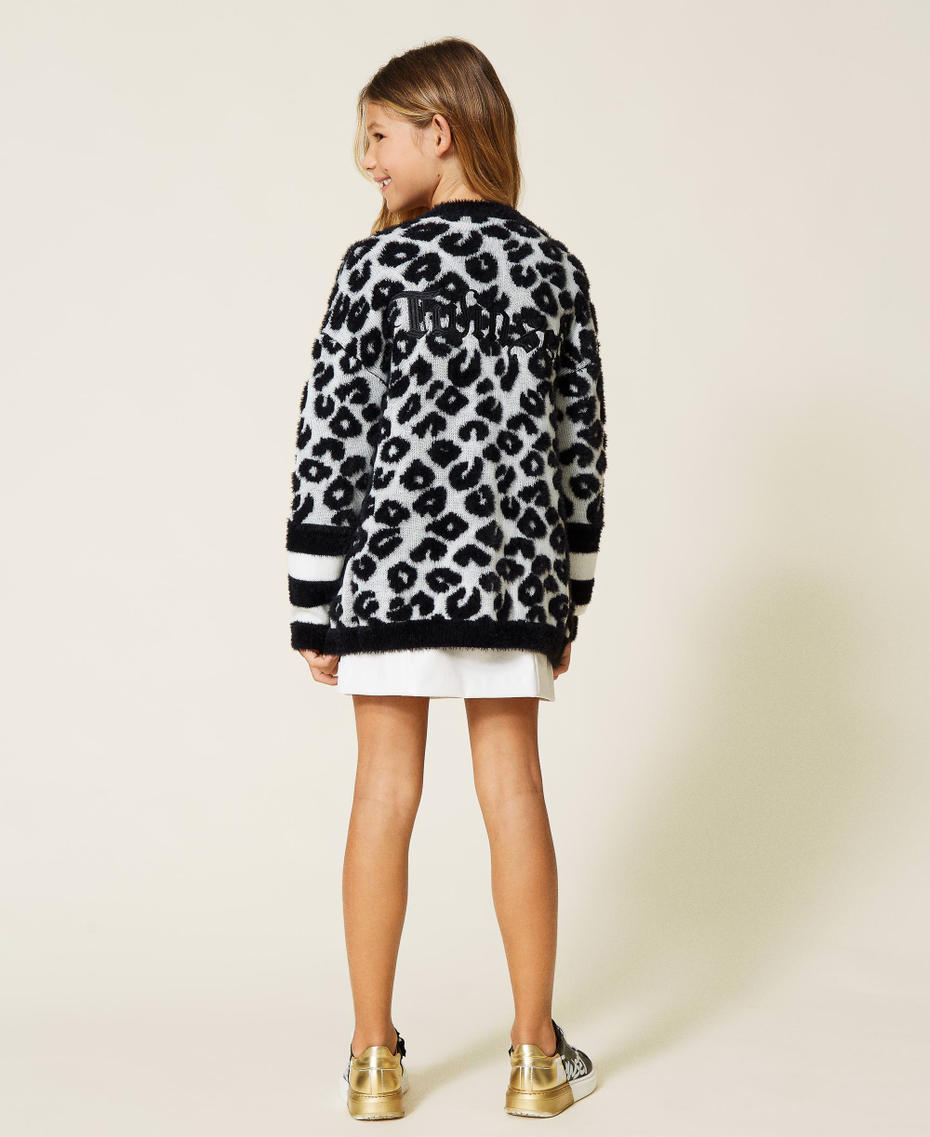 Knit animal pattern coat with stripes Off White / Black Jacquard Girl 212GJ3090-03