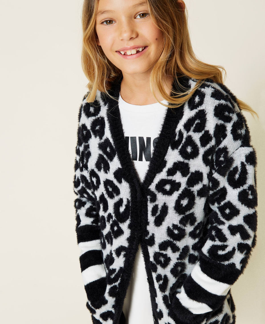 Knit animal pattern coat with stripes Off White / Black Jacquard Girl 212GJ3090-04