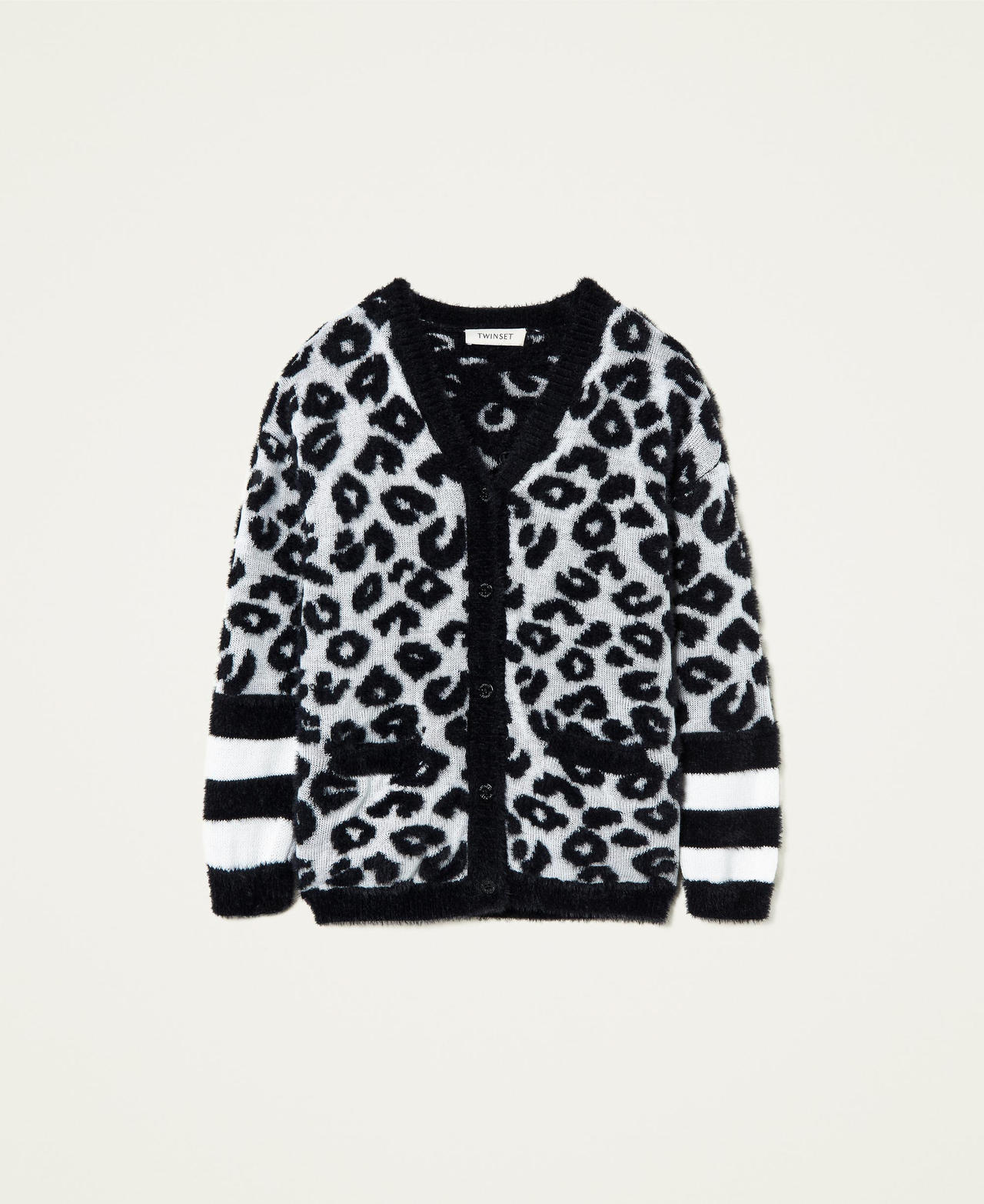 Knit animal pattern coat with stripes Off White / Black Jacquard Girl 212GJ3090-0S