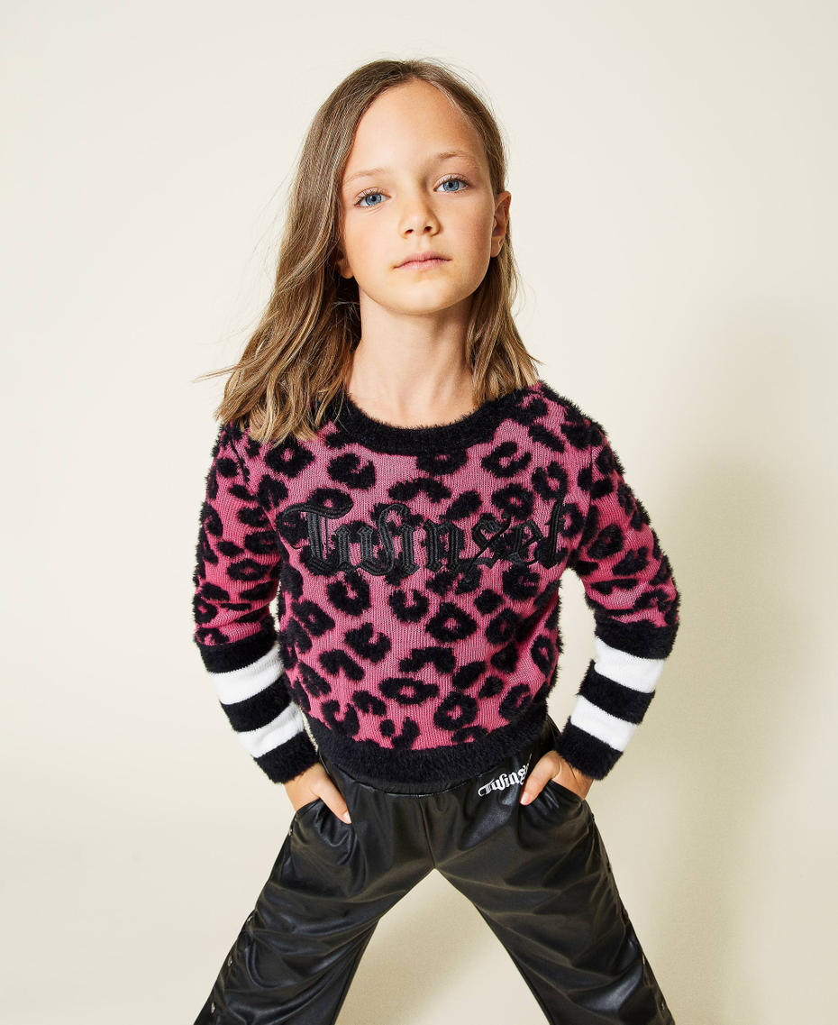 Maglia jacquard animalier con righe Jacquard Carmine Rose / Nero Bambina 212GJ3091-01