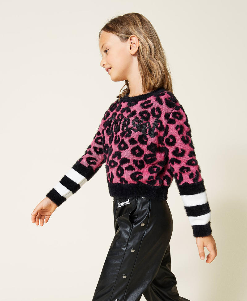 Jacquard animal pattern jumper with stripes Carmine Rose / Black Jacquard Girl 212GJ3091-02