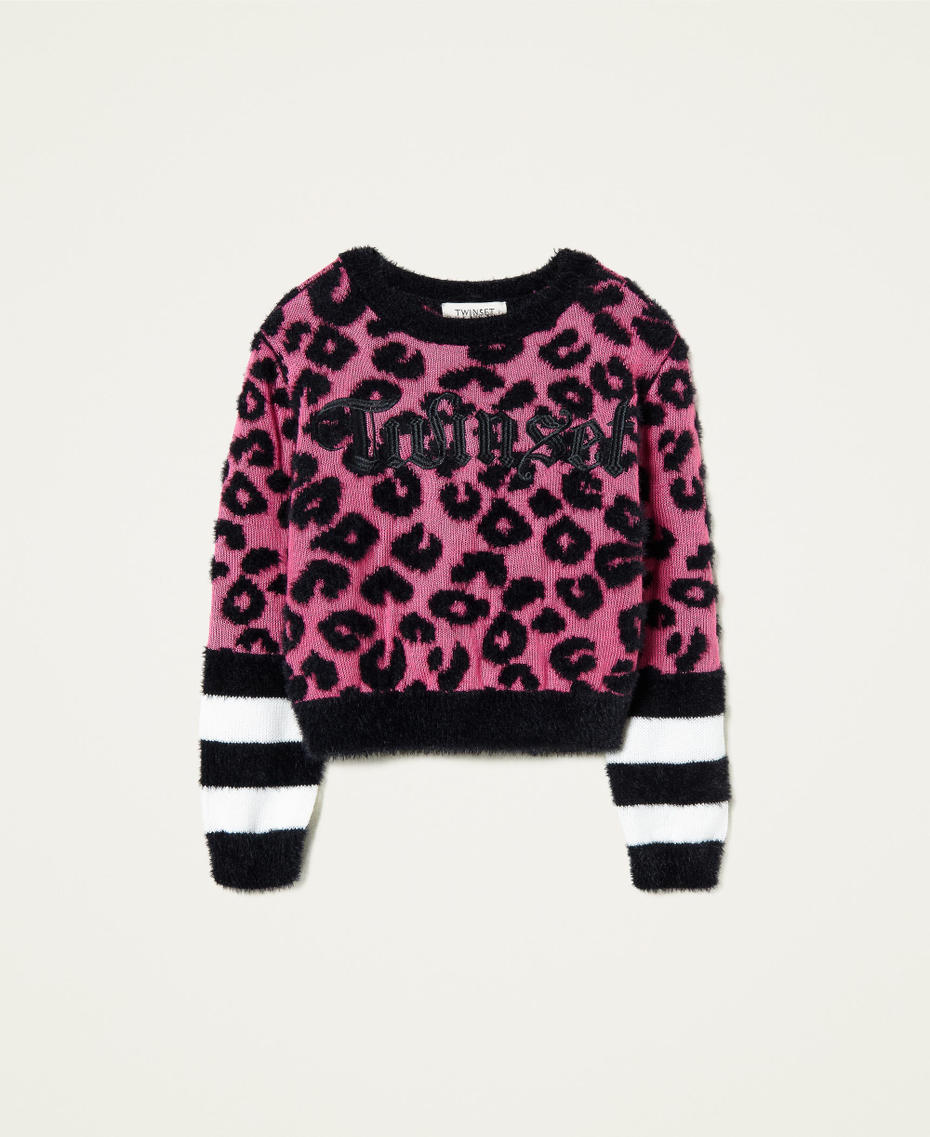 Jacquard animal pattern jumper with stripes Carmine Rose / Black Jacquard Girl 212GJ3091-0S